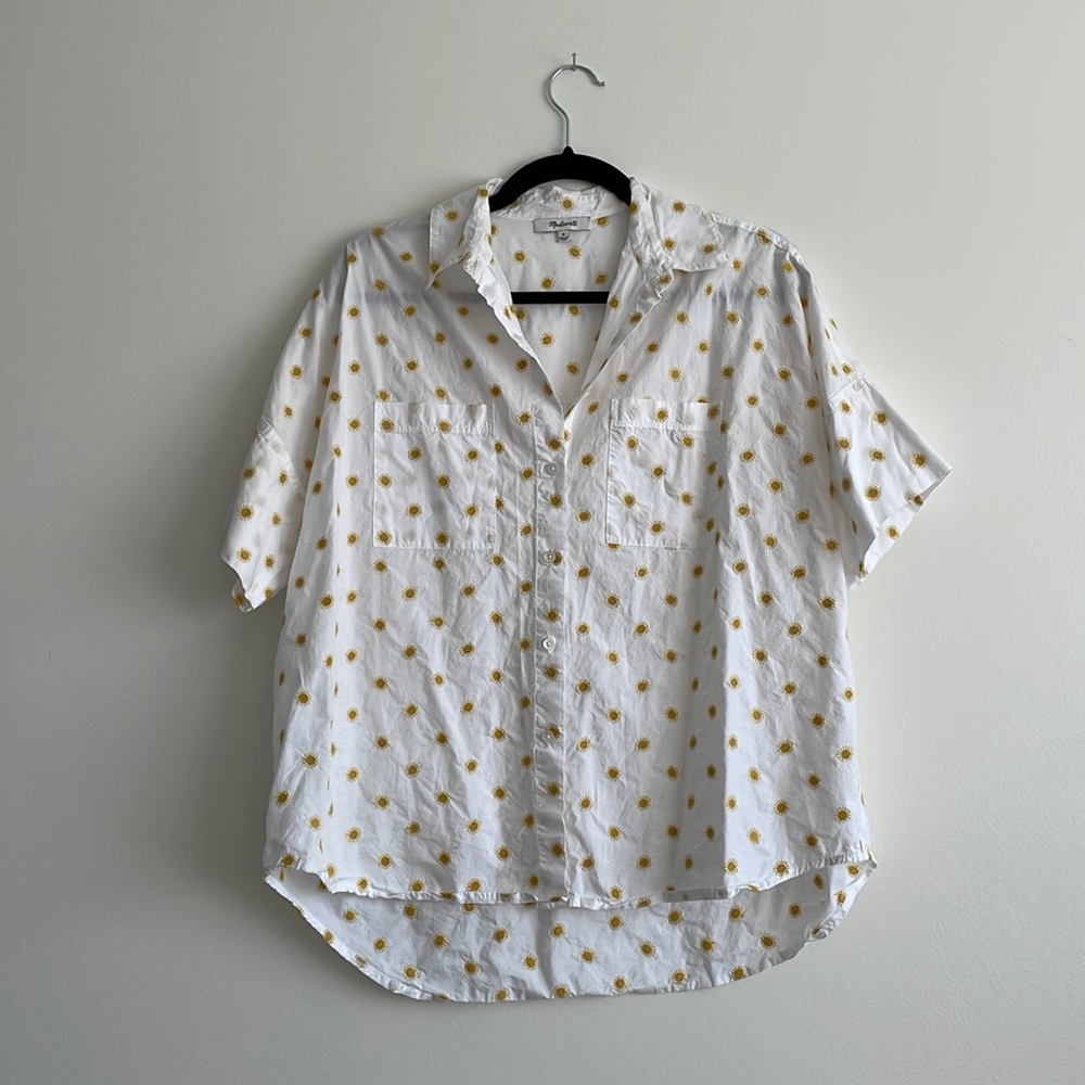 Madewell Women’s Button Down Top White with Yellow Sun Stitch Detail Medium